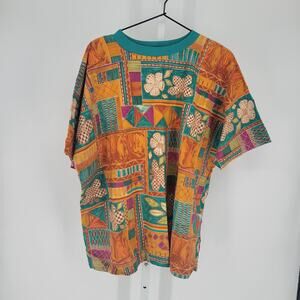 Vintage 1970s Ann Marie Womens Sz L Short Sleeve T Shirt Bright Boho Print